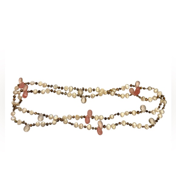 Freshwater Pearl, Rose Quartz and Rutilated Quartz long Hand Knotted Necklace - Picture 5 of 7